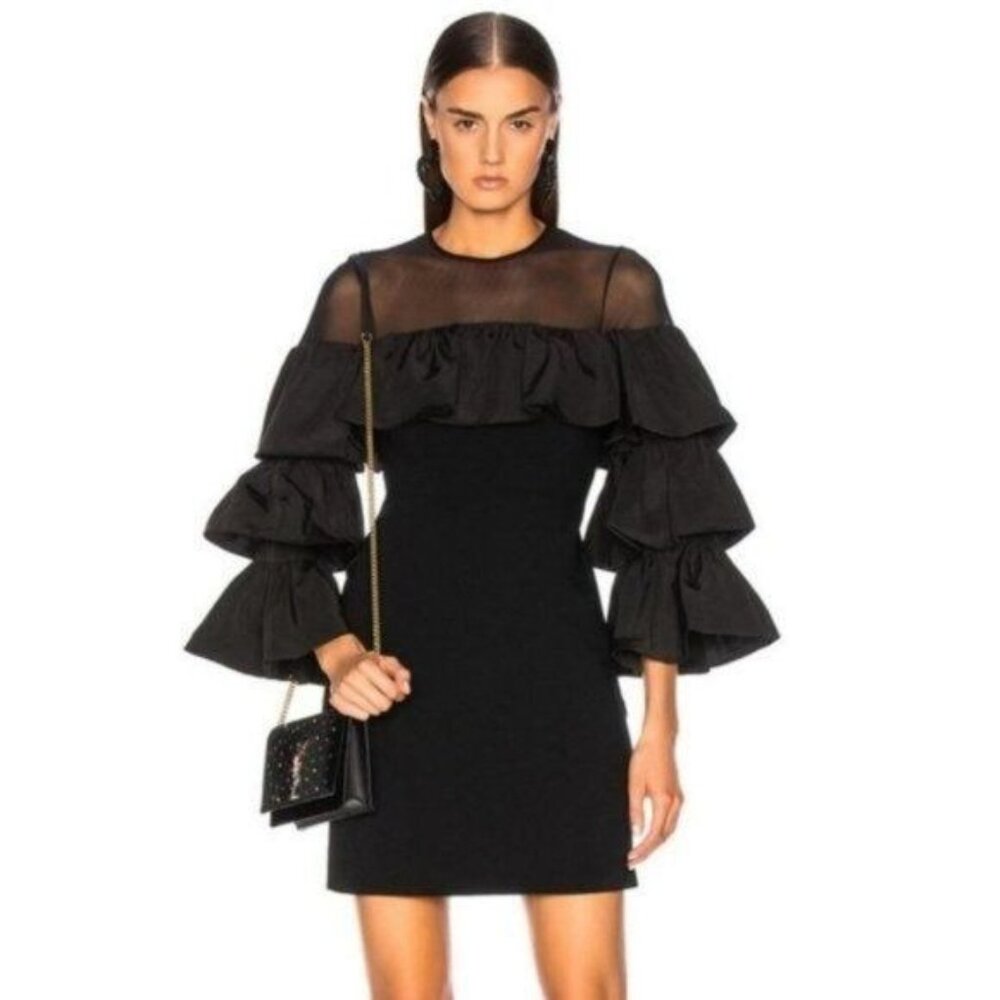 Cinq a Sept Valentina Ruffle Sleeve Mesh Shoulder Black Mini Dress 0 - Picture 1 of 11